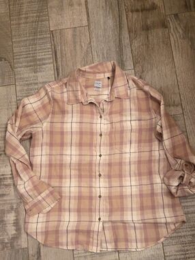 Prana Organic Cotton Plaid Button-Down Shirt in Beige and Pink